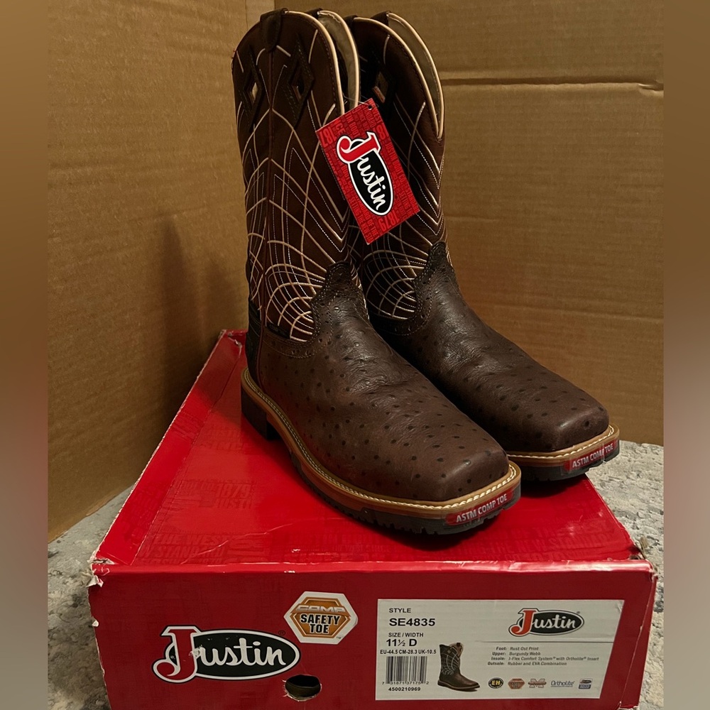 NWT! Men Justin SE4835 11.5 D Ost Print Burgundy Composite Square Toe Waterproof